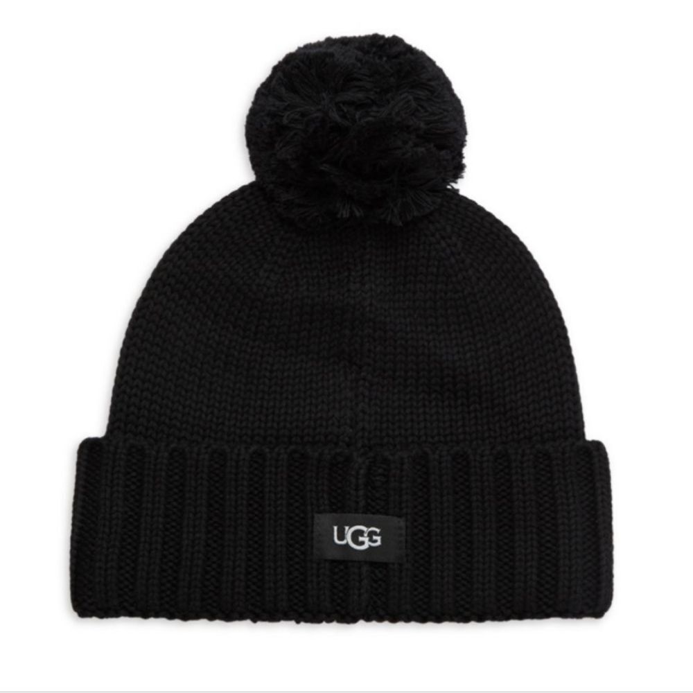 Ugg Pom-Pom Knit Cuffed Beanie Hat- Black